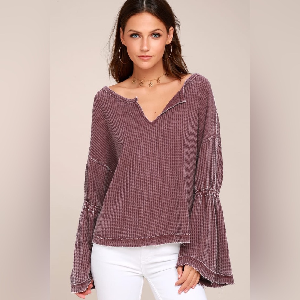 Free People Dahlia Washed Mauve Thermal Long Sleeve Top